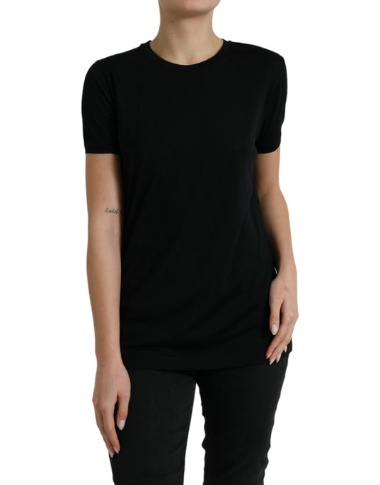 Black Wool Short Sleeves Crewneck T-shirt Top