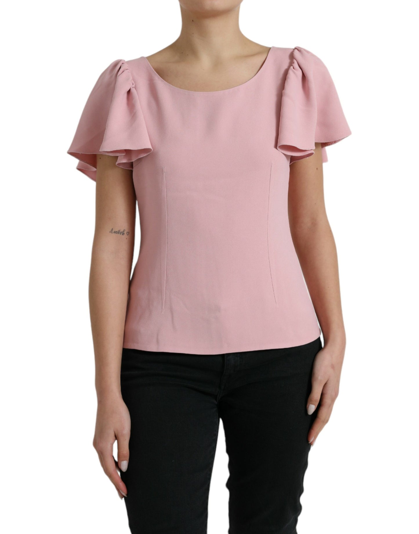 Pink Short Sleeves Round Neck Blouse Top