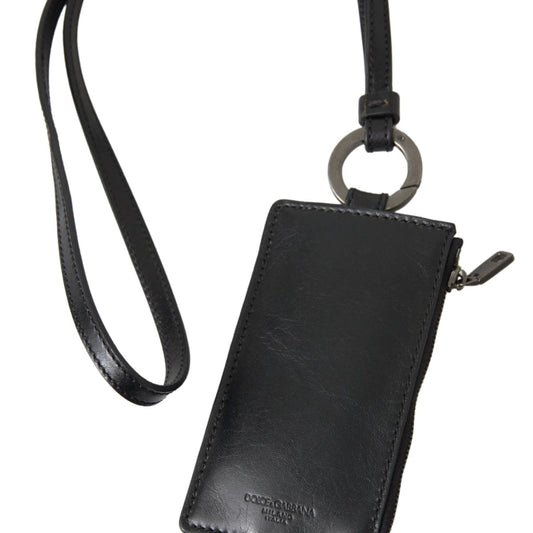 Elegant Black Leather Lanyard Cardholder