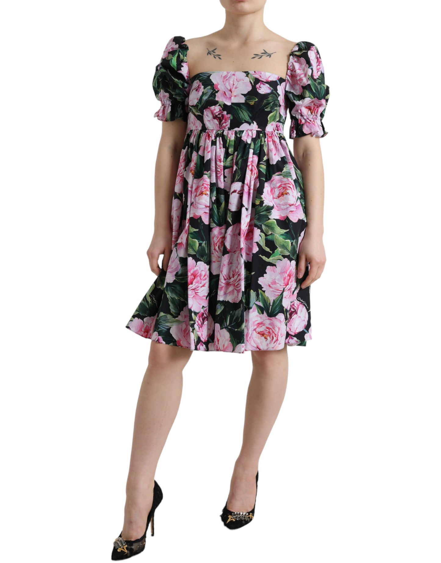 Black A-Line Dress with Pink Floral Prints