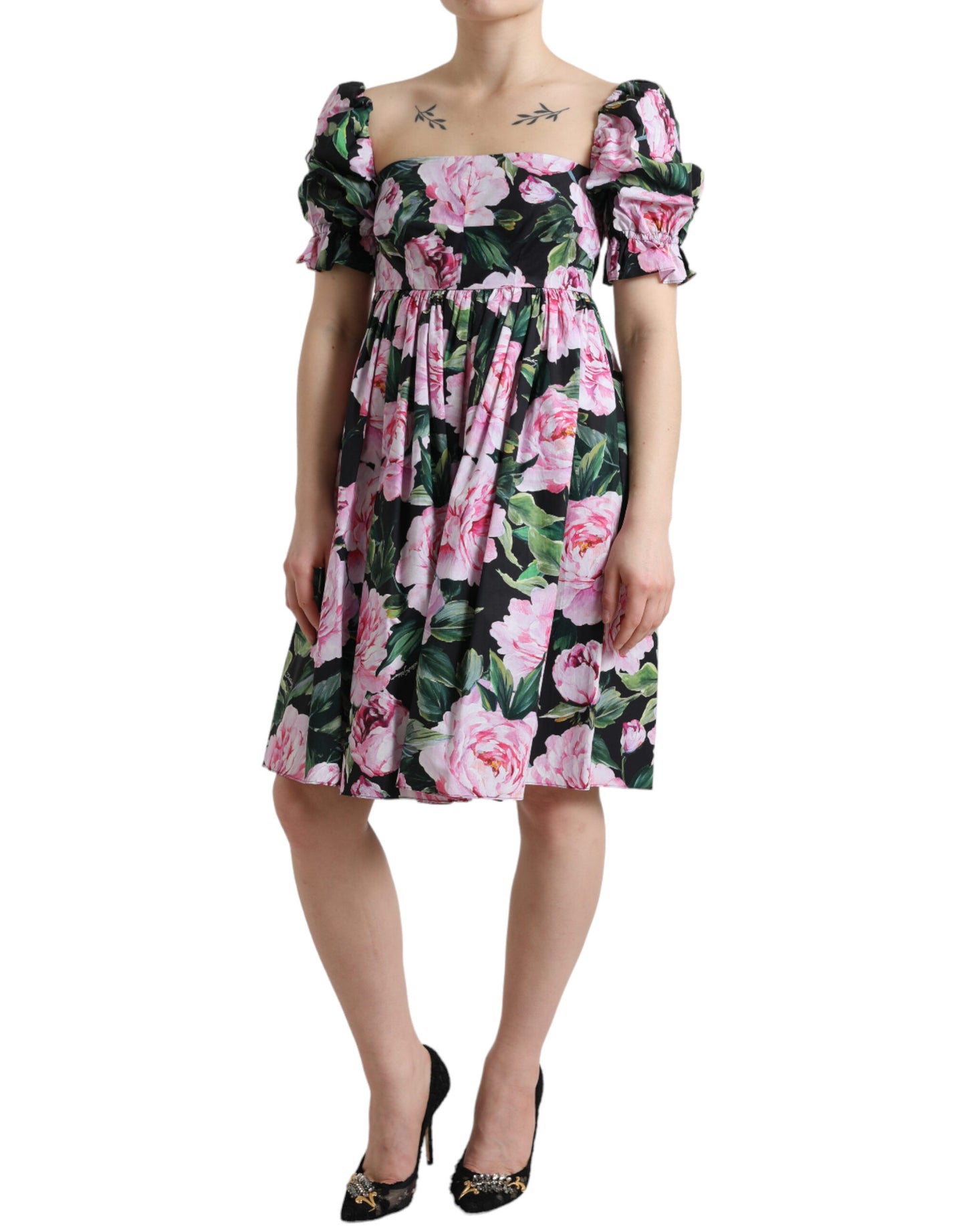 Black A-Line Dress with Pink Floral Prints