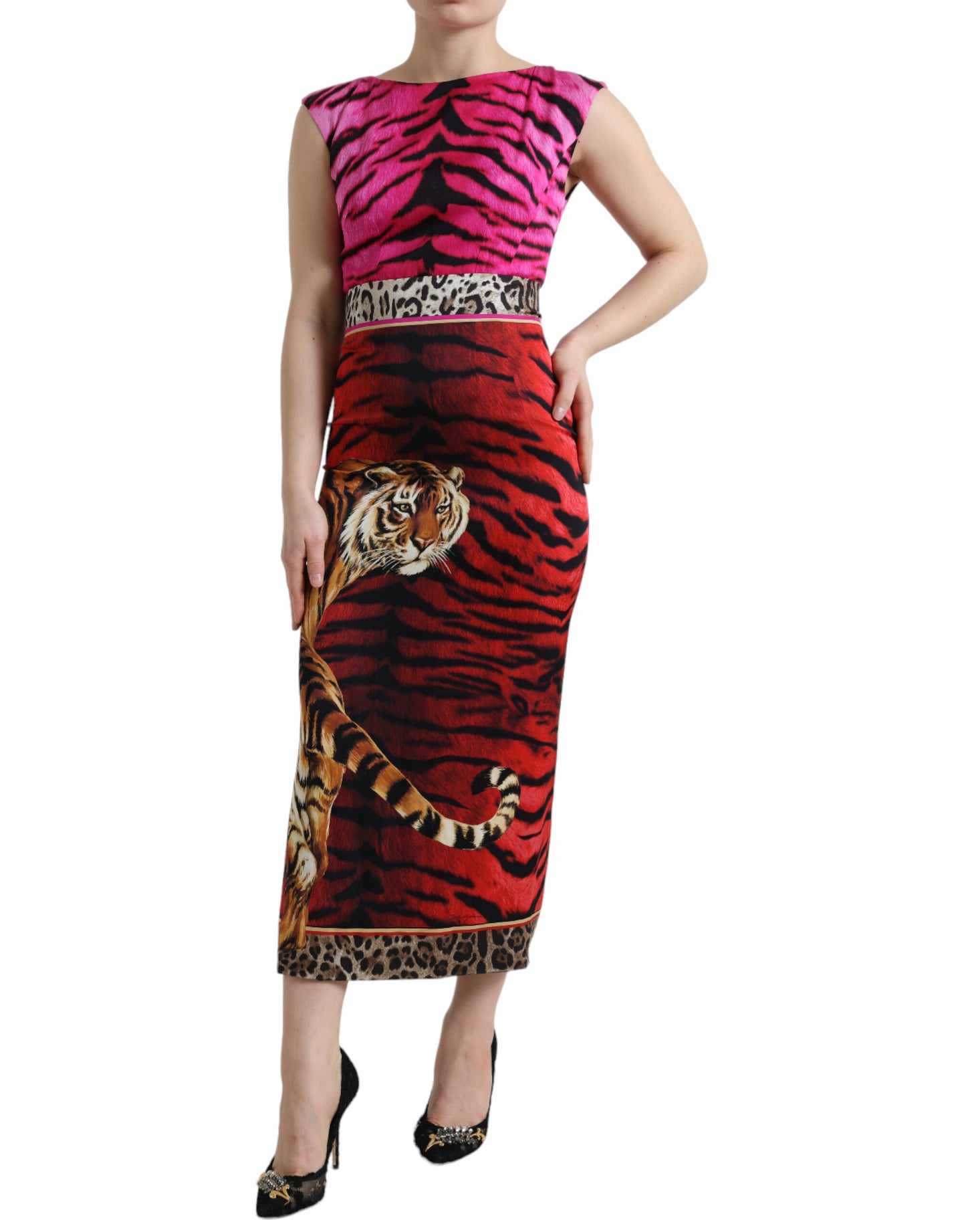 Multicolor Tiger Leopard Sheath Midi  Dress