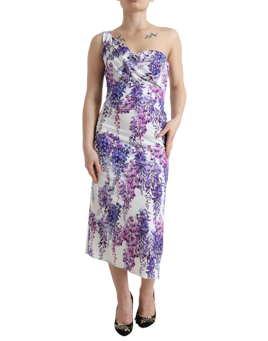 Elegant Wisteria Print One Shoulder Midi Dress