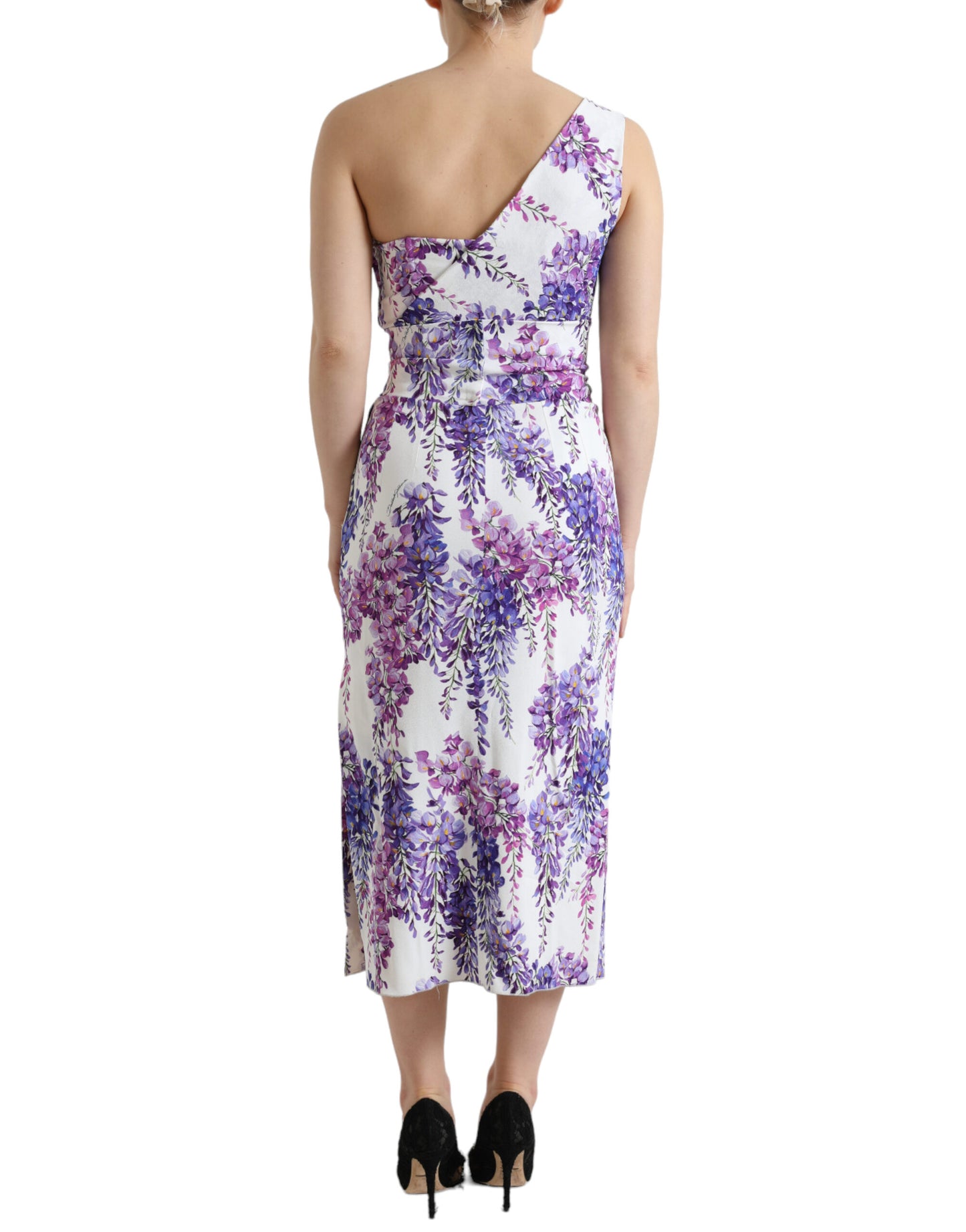 Elegant Wisteria Print One Shoulder Midi Dress