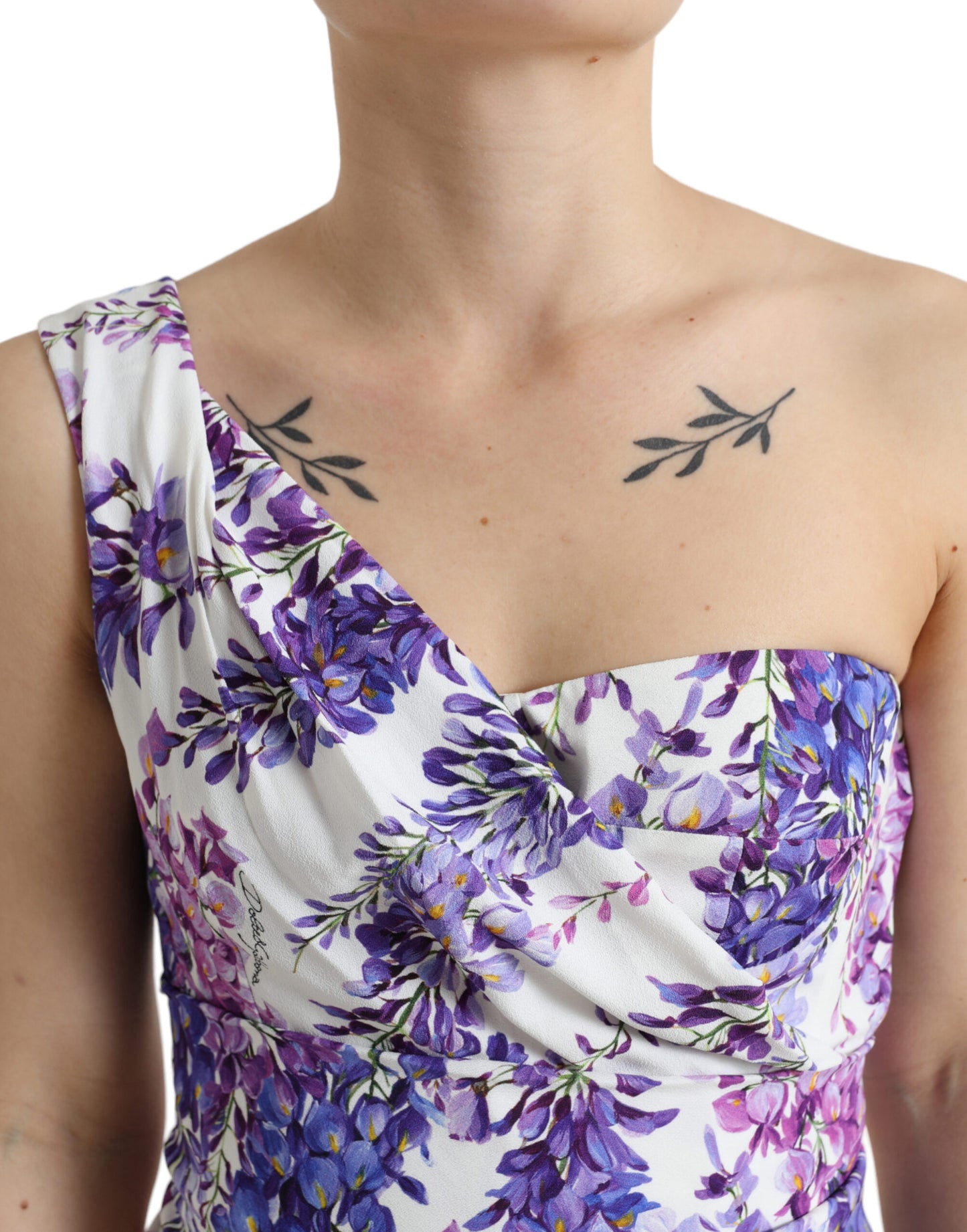 Elegant Wisteria Print One Shoulder Midi Dress