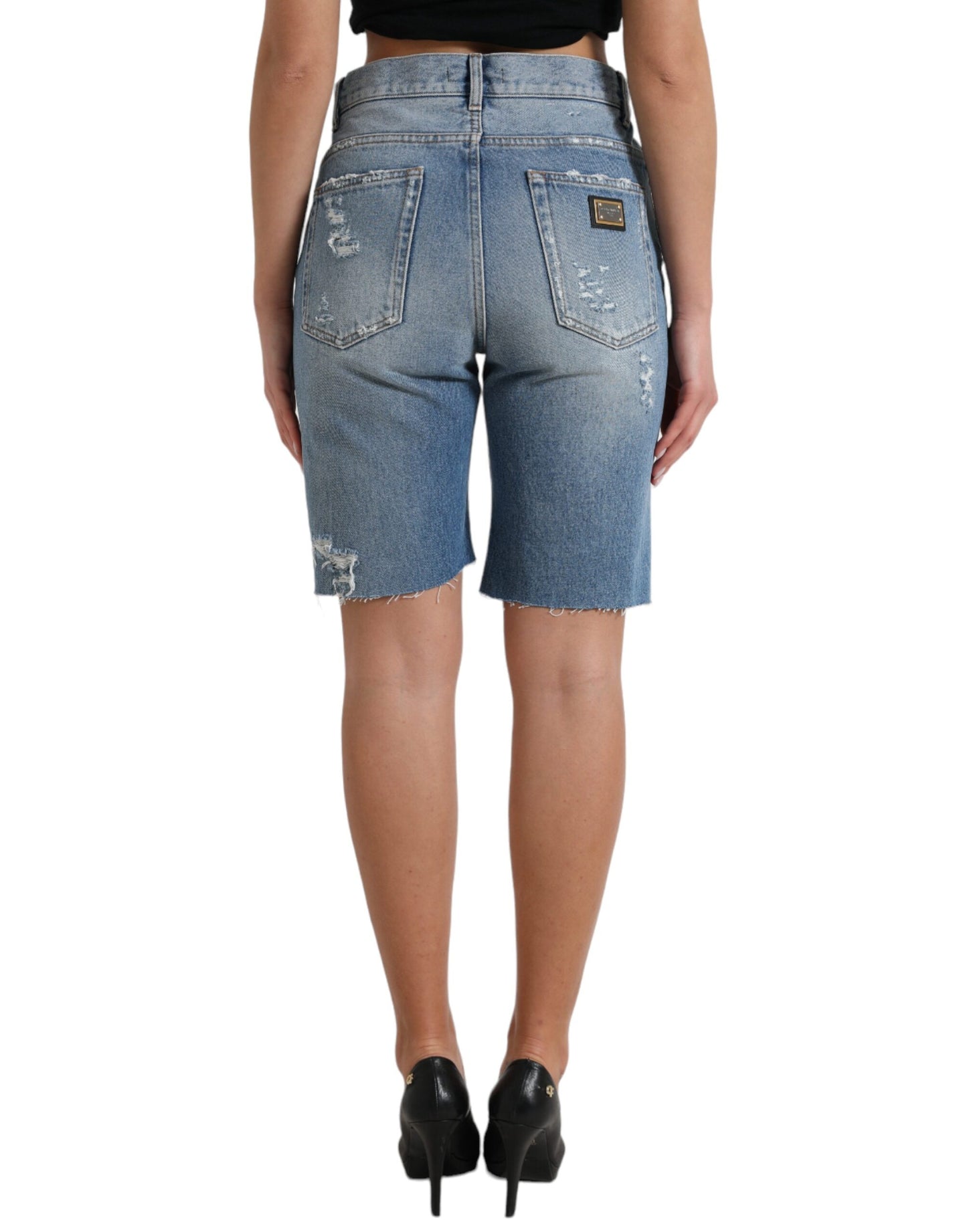 Blue Tattered Embellished Bermuda Shorts