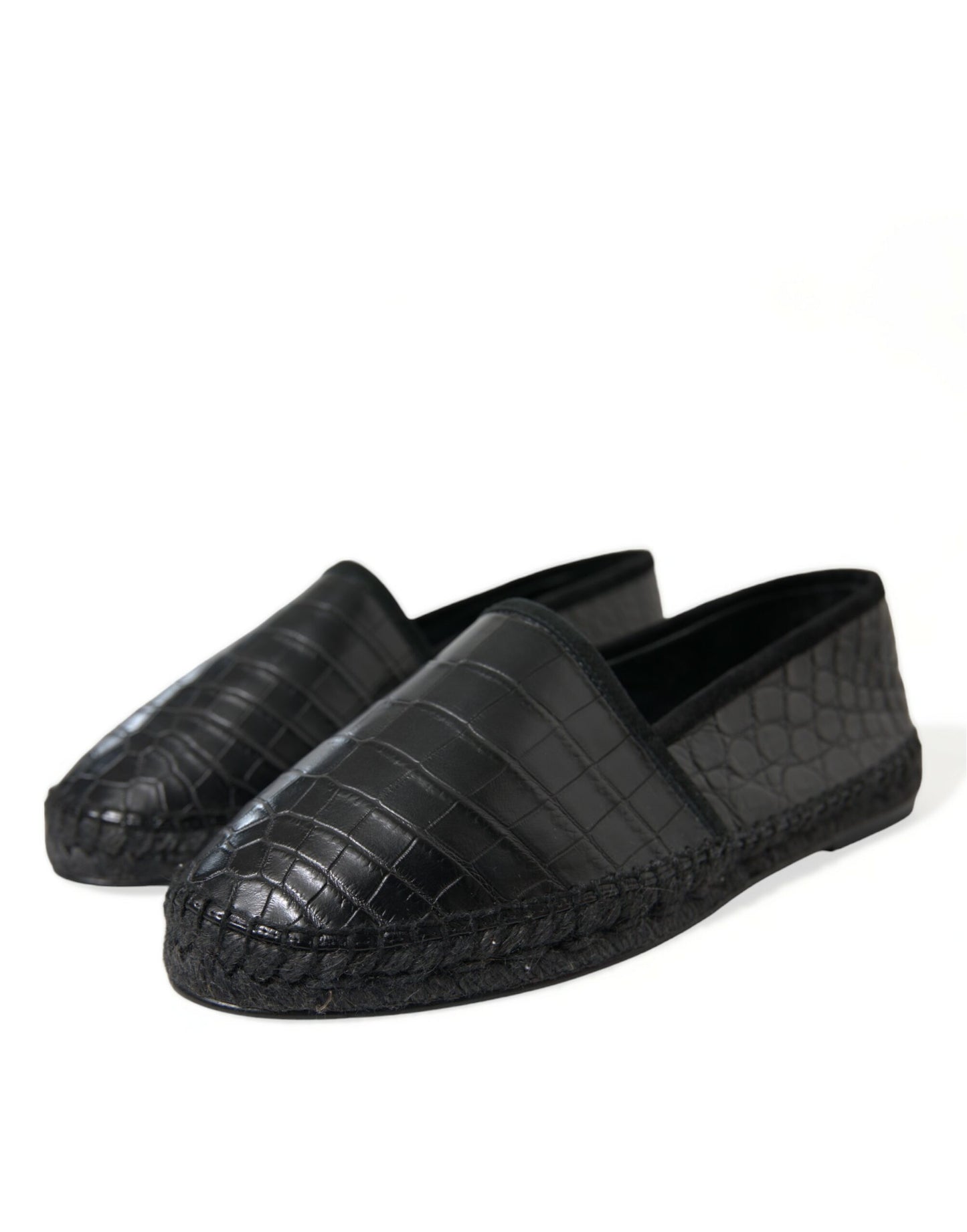 Black Exotic Leather Espadrilles Slip On Shoes