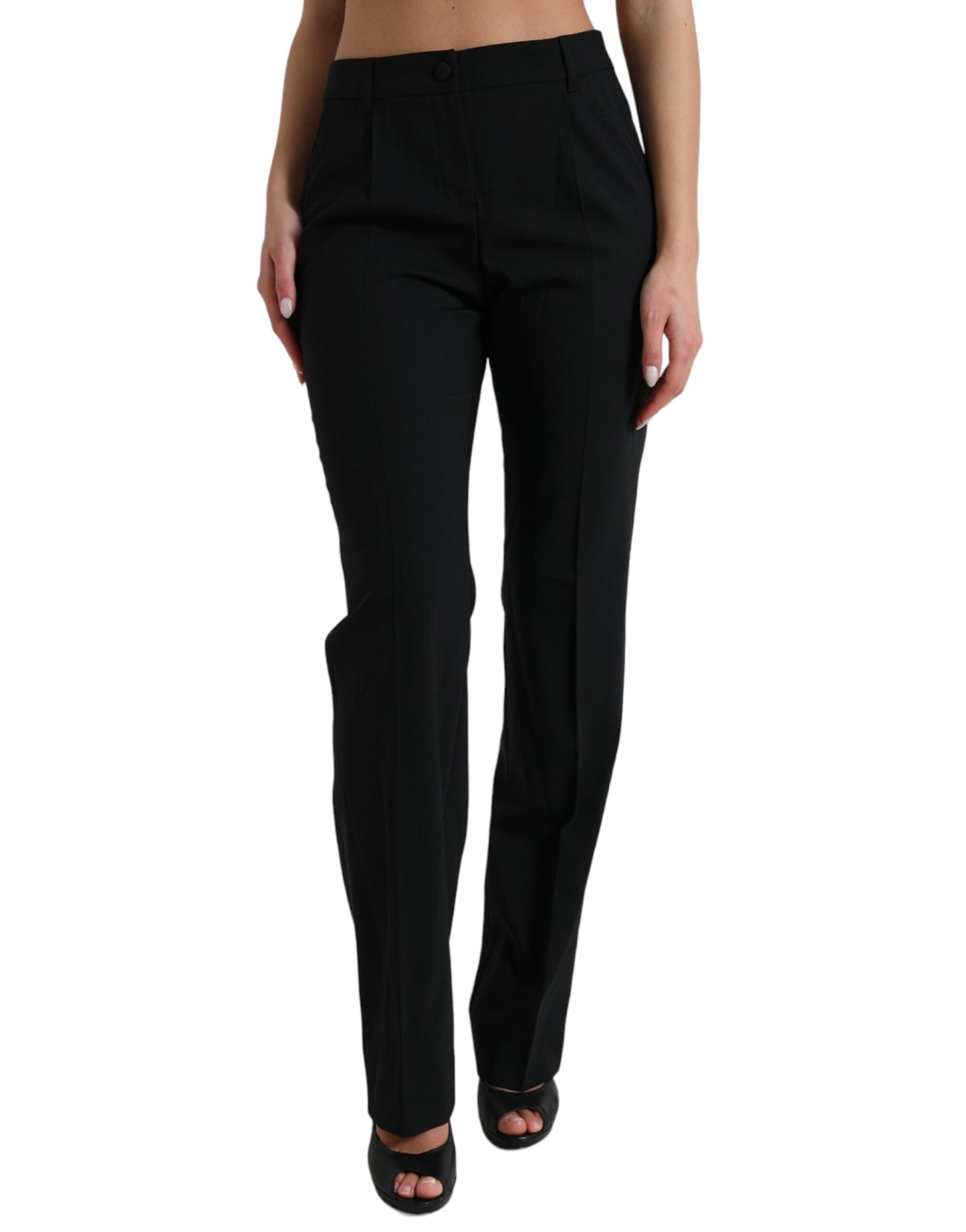 Black Wool Mid Waist Tapered Pants