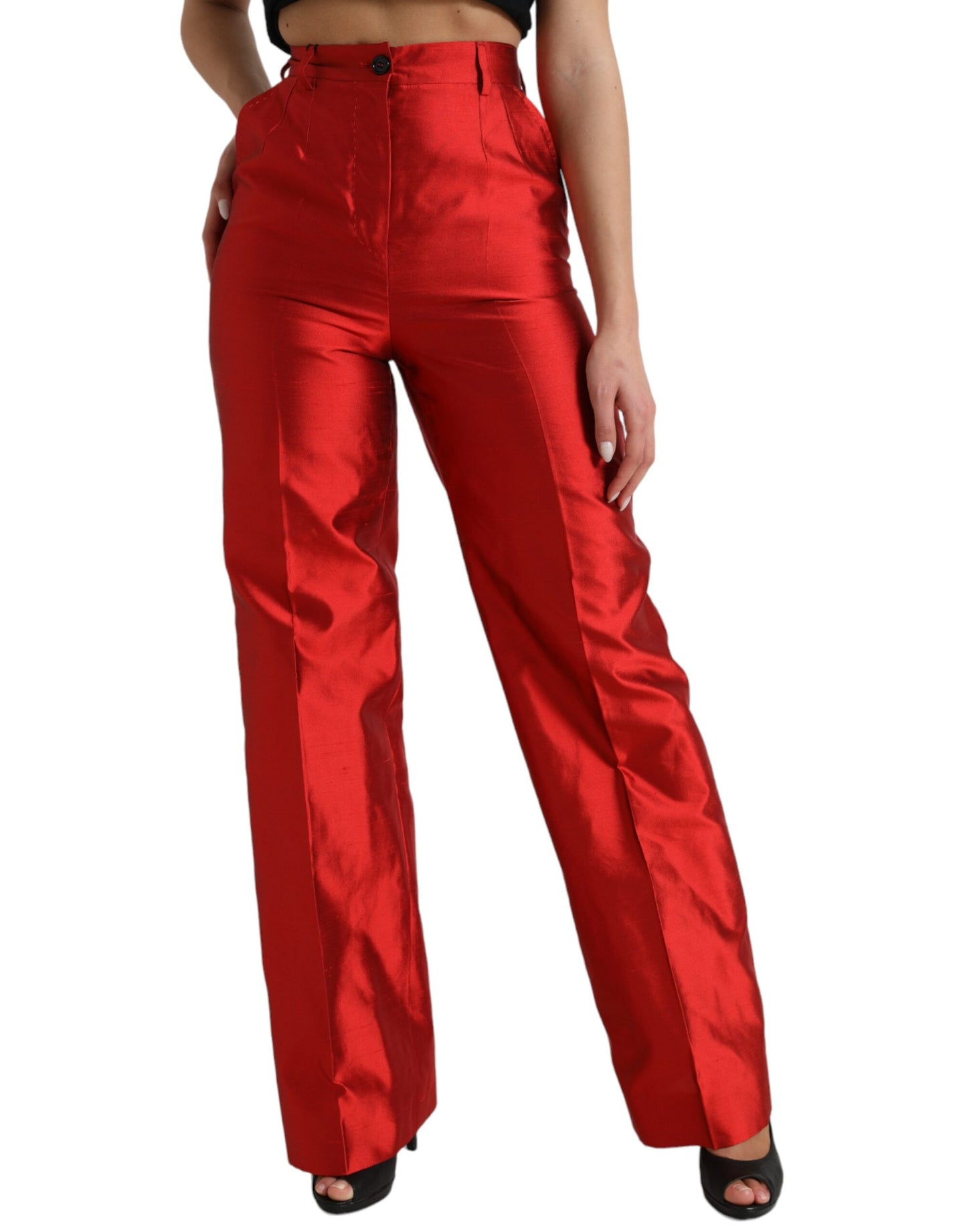 Red Satin Silk High Waist Wide Leg Pants