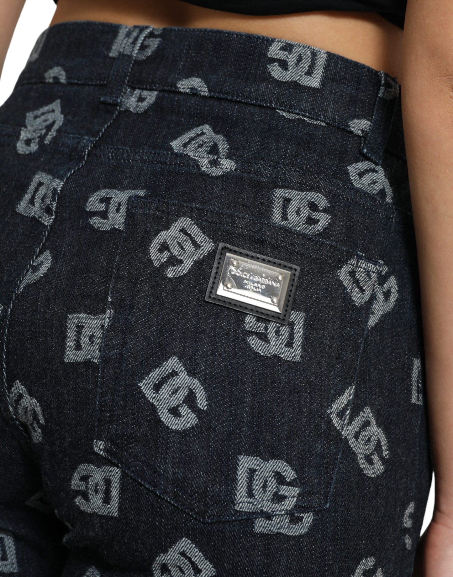 Blue Cotton DG Logo High Waist Straight Jeans