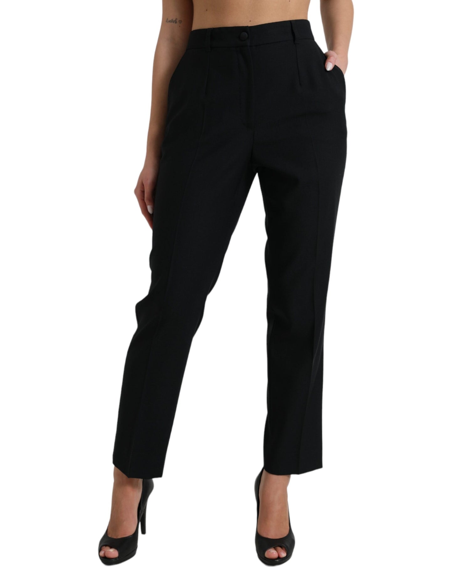 Black Wool High Waist Straight Pants