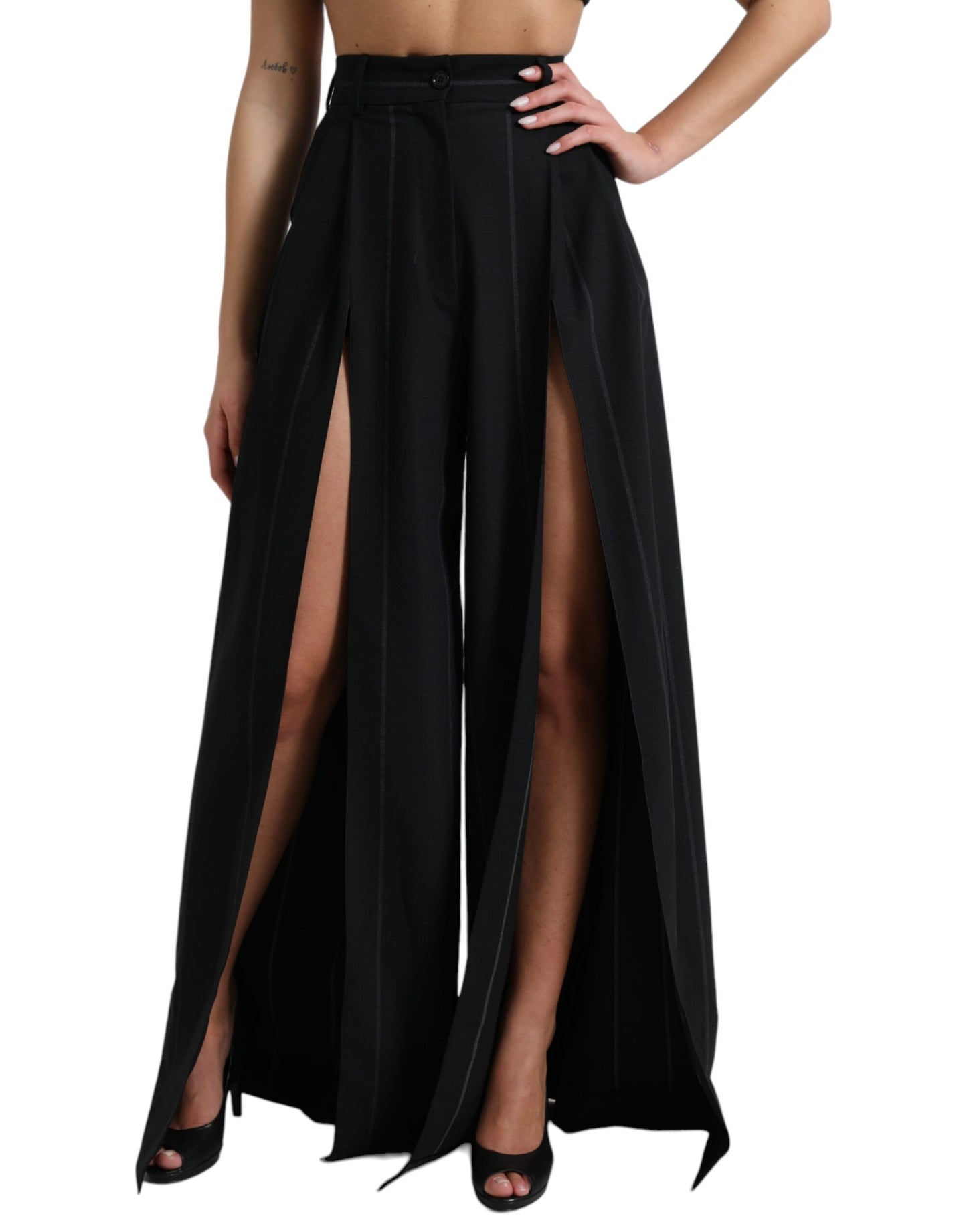 Black High Waist Front Slit Wide Leg Pants