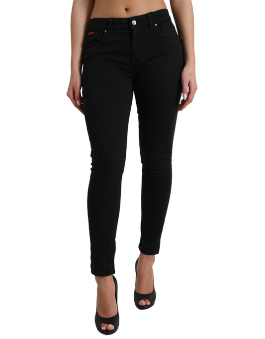 Black Cotton Mid Waist Skinny Denim Jeans