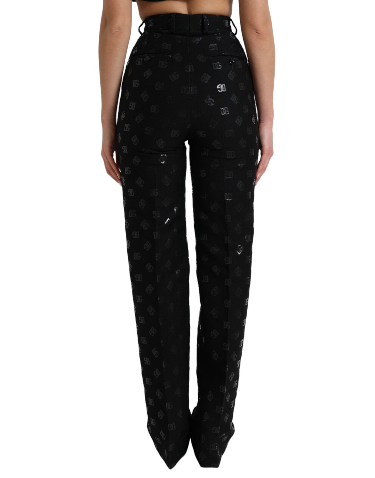 Black Wool DG Logo High Waist Straight Pants