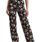 Black Floral Wool High Waist Wide Leg Pants