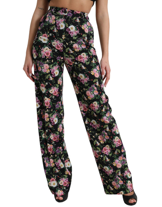 Black Floral Wool High Waist Wide Leg Pants