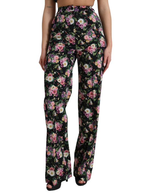 Black Floral Wool High Waist Wide Leg Pants