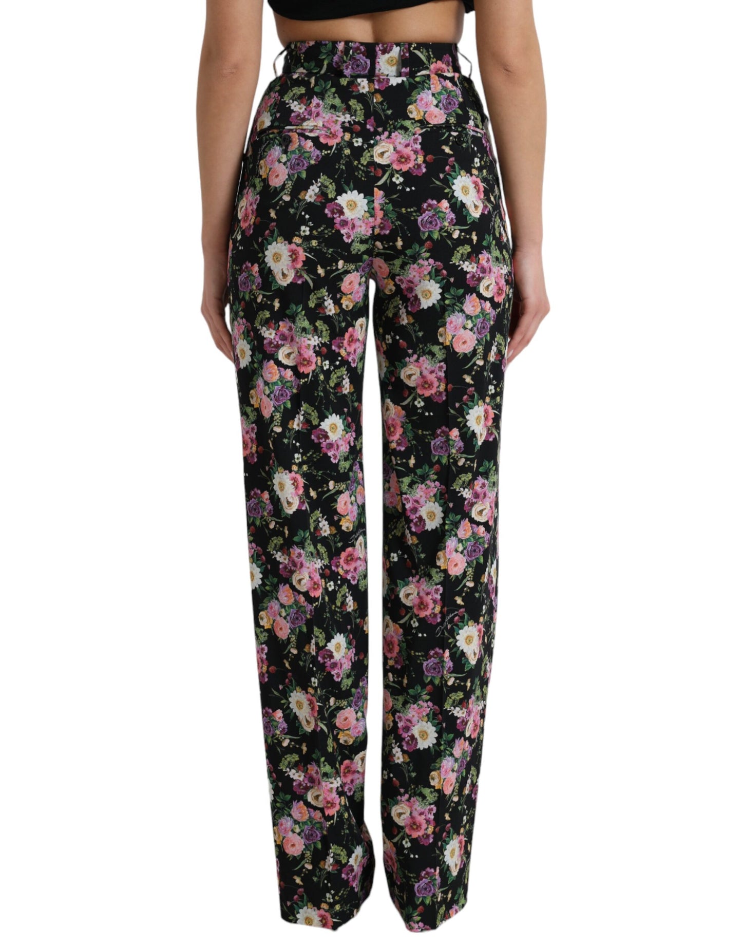 Black Floral Wool High Waist Wide Leg Pants