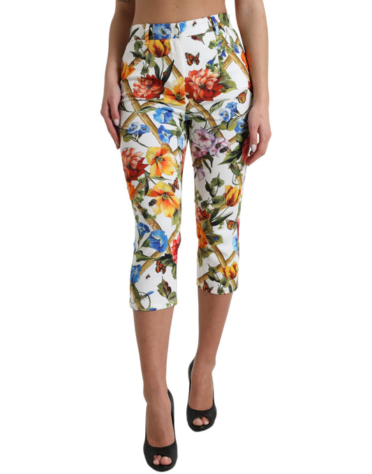 White Majolica Print High Waist Cropped Pants