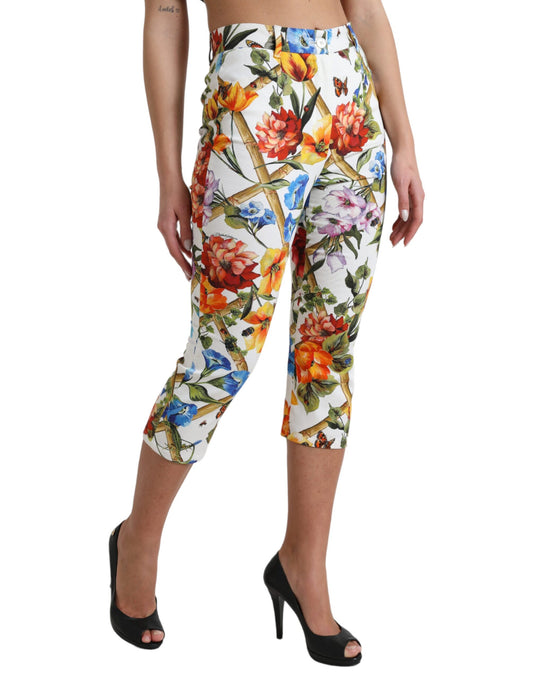 White Majolica Print High Waist Cropped Pants