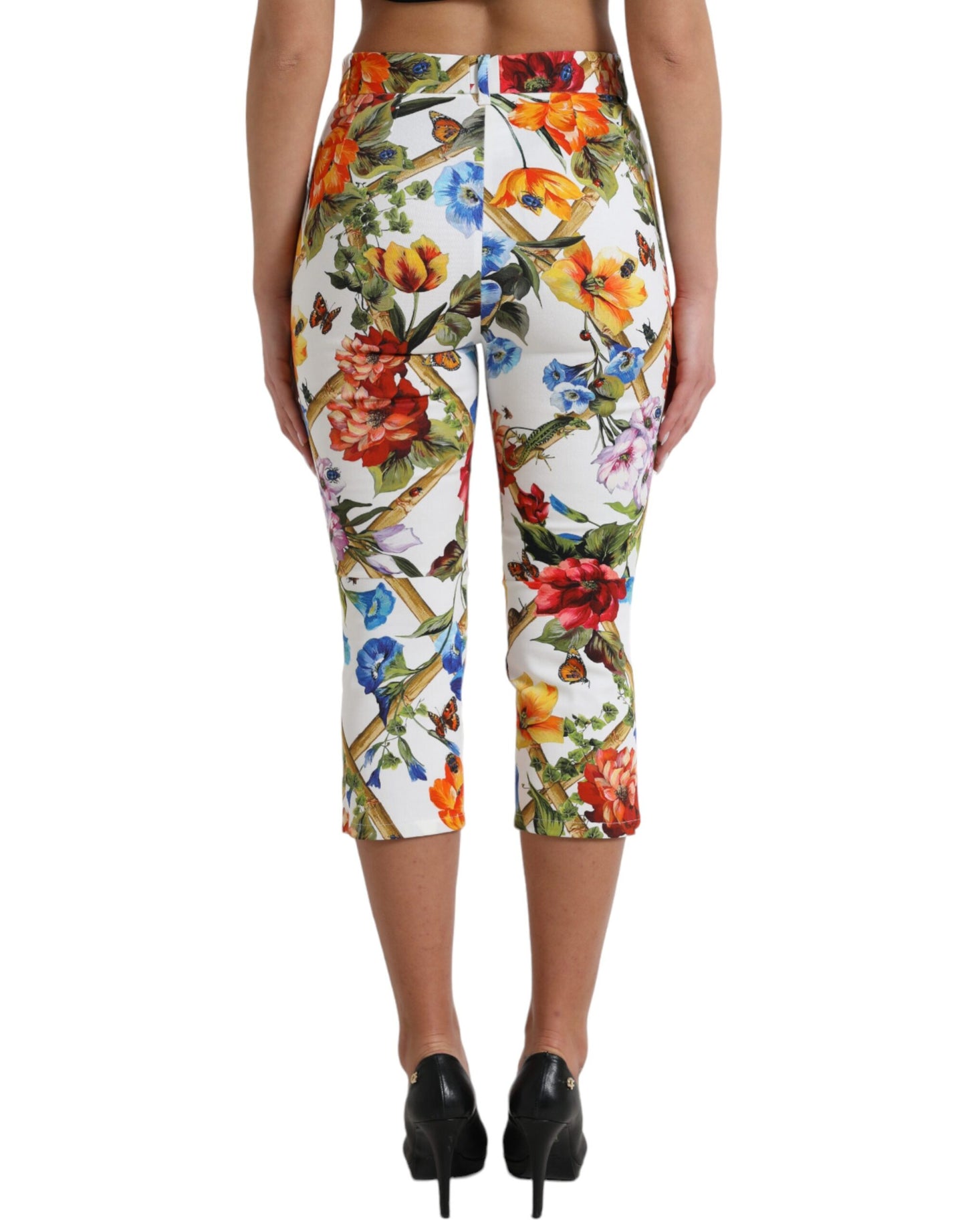 White Majolica Print High Waist Cropped Pants