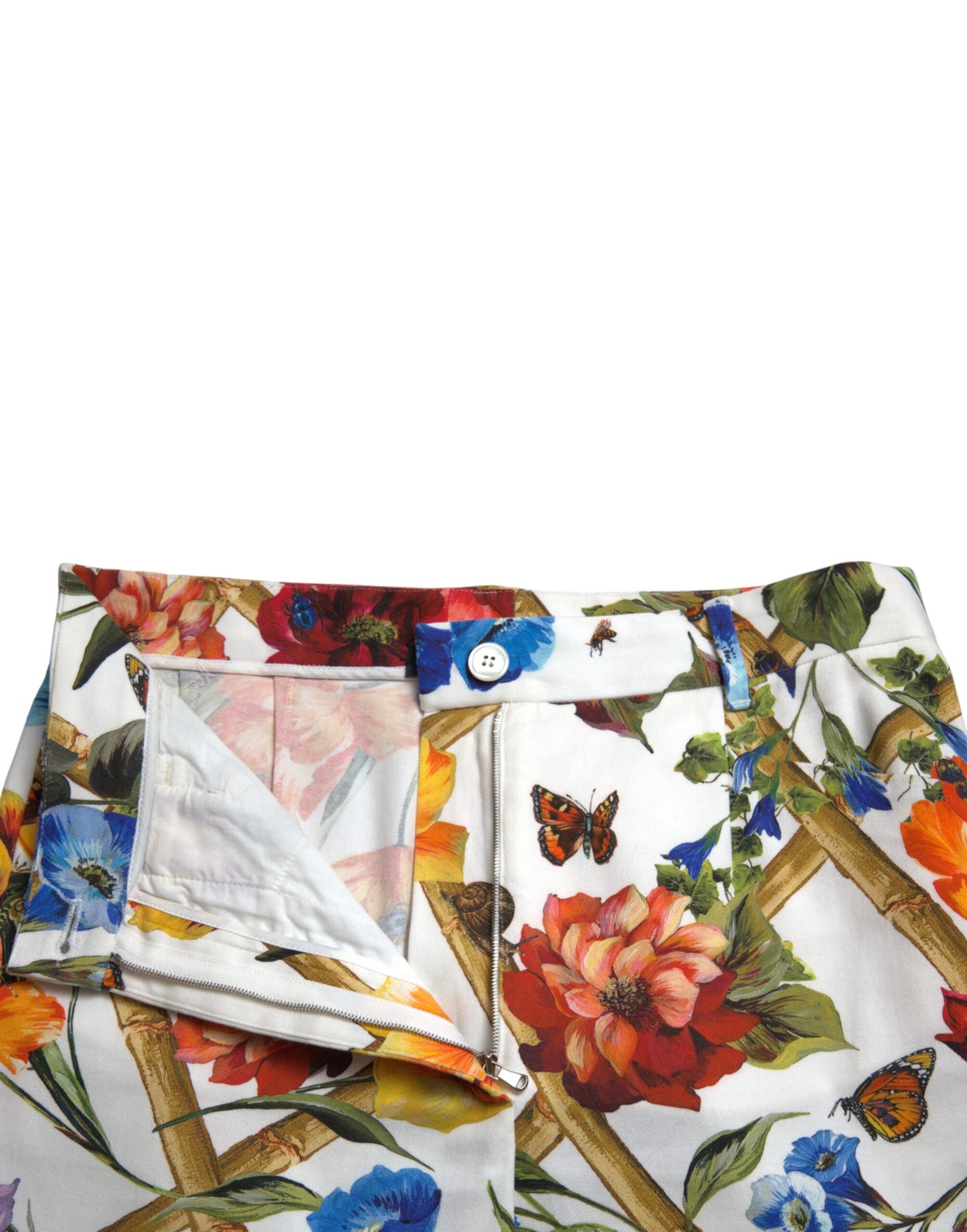 White Majolica Print High Waist Cropped Pants