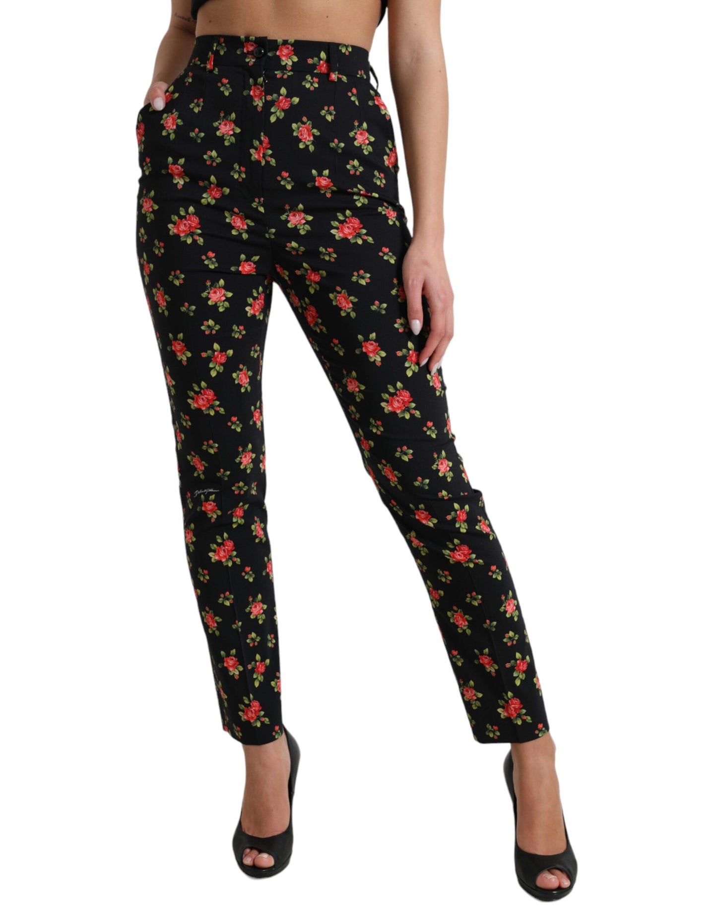 Black Floral Wool High Waist Tapered Pants