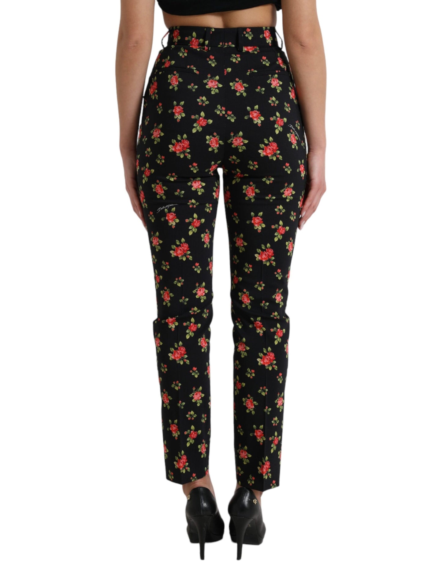 Black Floral Wool High Waist Tapered Pants