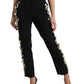 Black Floral Applique High Waist Tapered Pants