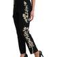 Black Floral Applique High Waist Tapered Pants