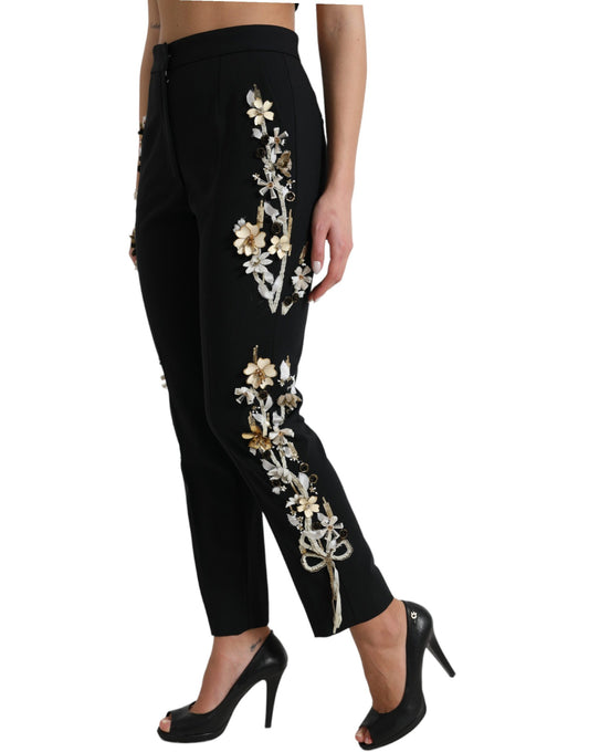 Black Floral Applique High Waist Tapered Pants