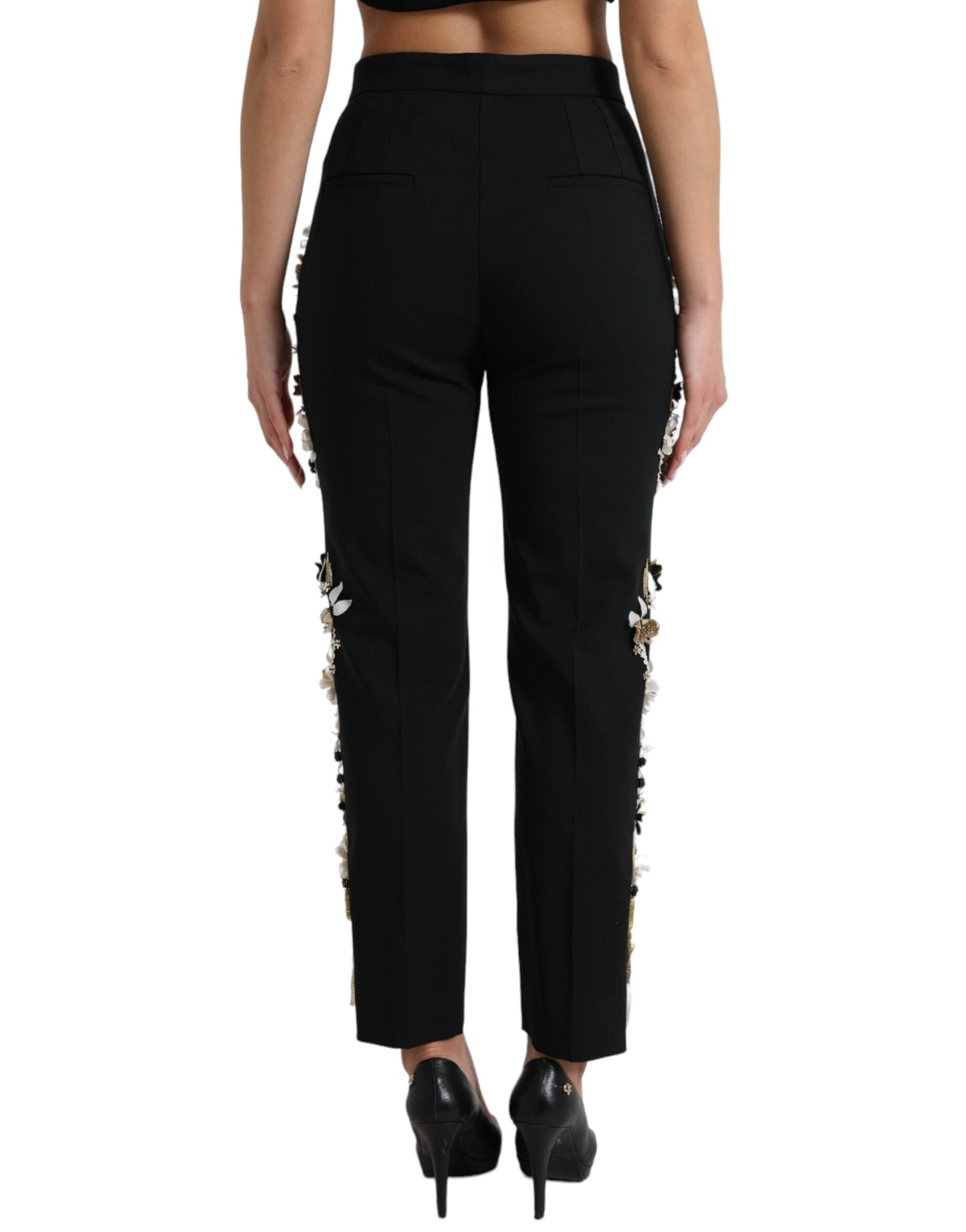 Black Floral Applique High Waist Tapered Pants