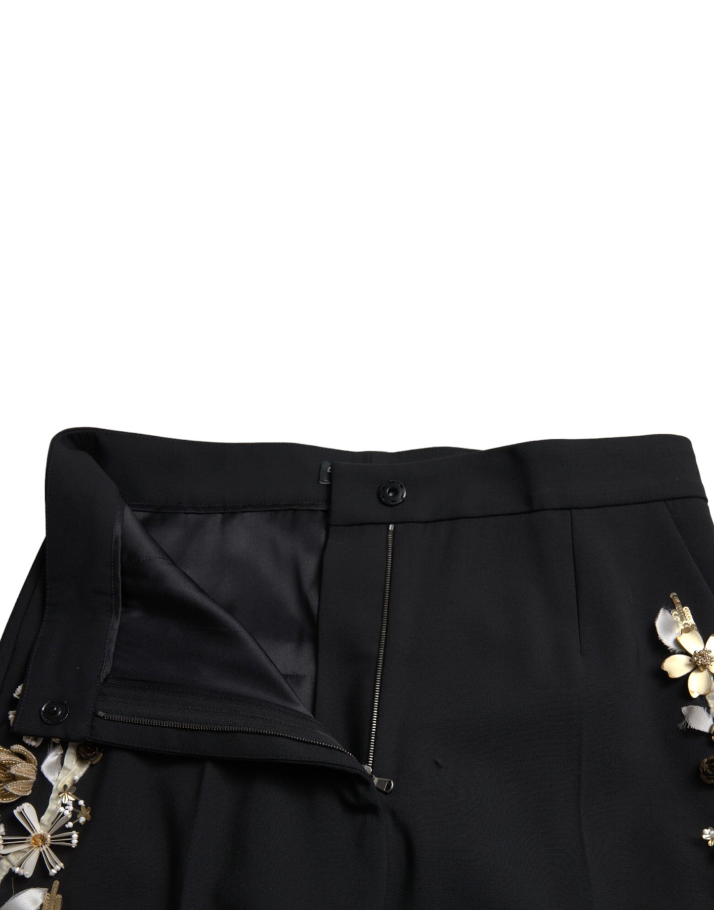 Black Floral Applique High Waist Tapered Pants