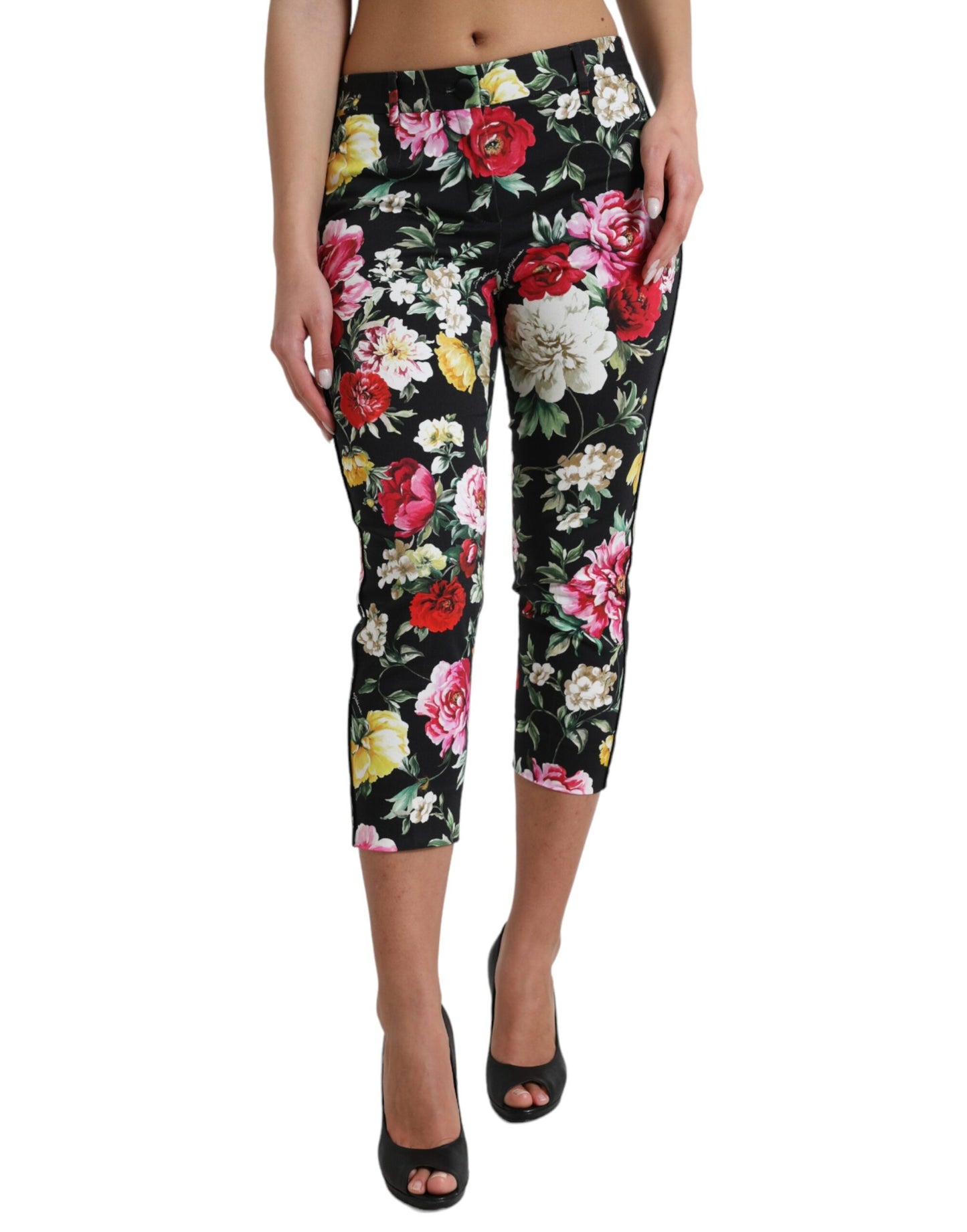 Black Floral Print Mid Waist Cropped Pants