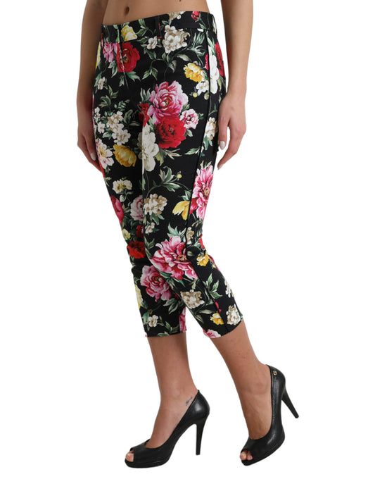 Black Floral Print Mid Waist Cropped Pants