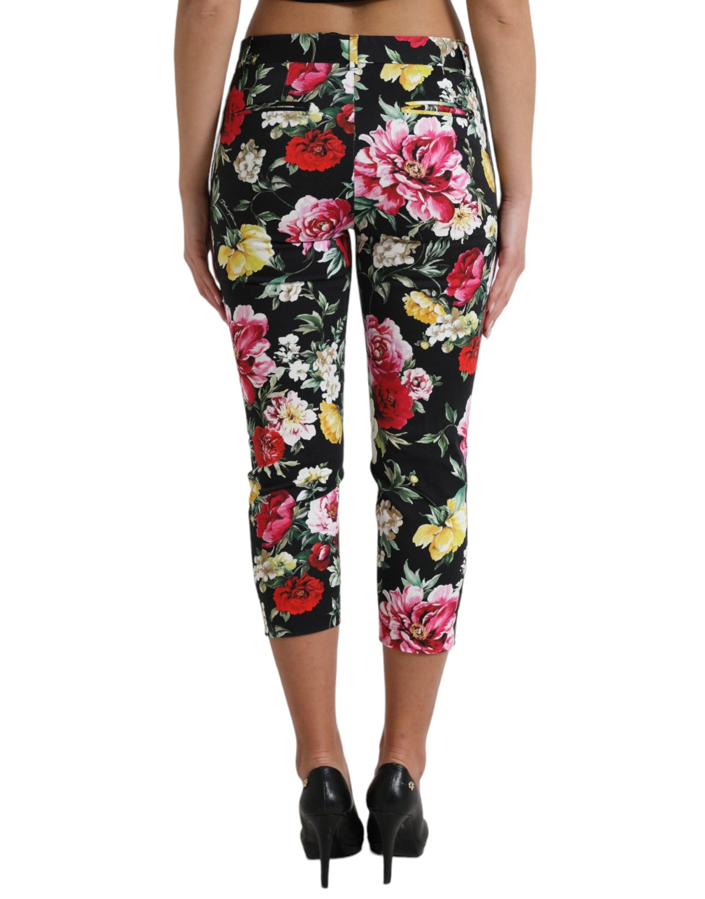 Black Floral Print Mid Waist Cropped Pants