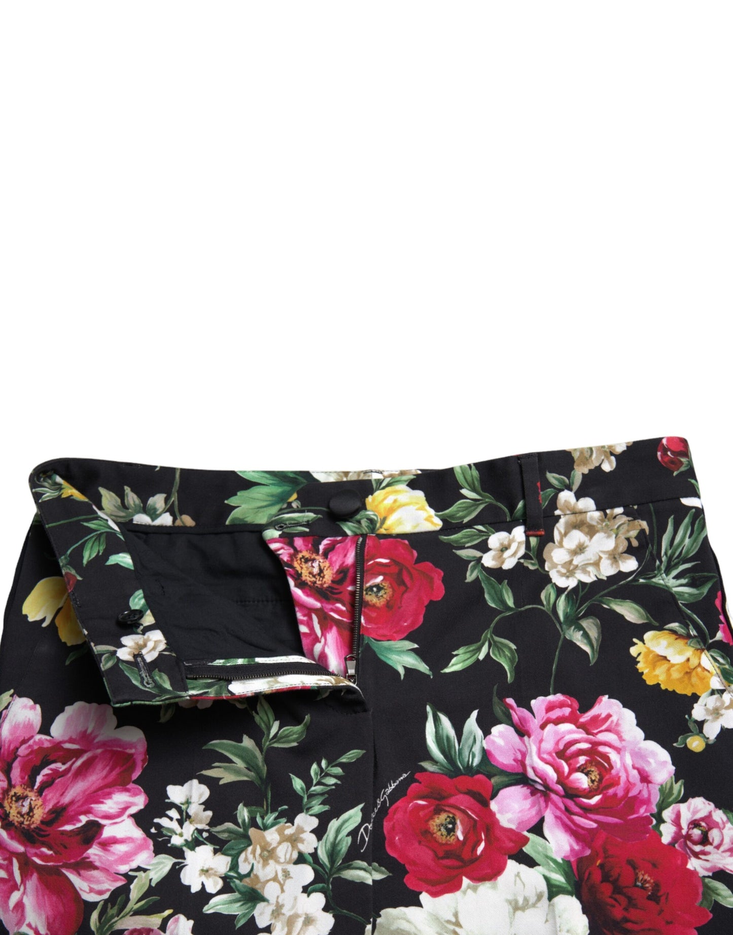 Black Floral Print Mid Waist Cropped Pants