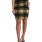 Yellow Black Brushed Checked Wool Pencil Cut Skirt