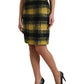 Yellow Black Brushed Checked Wool Pencil Cut Skirt