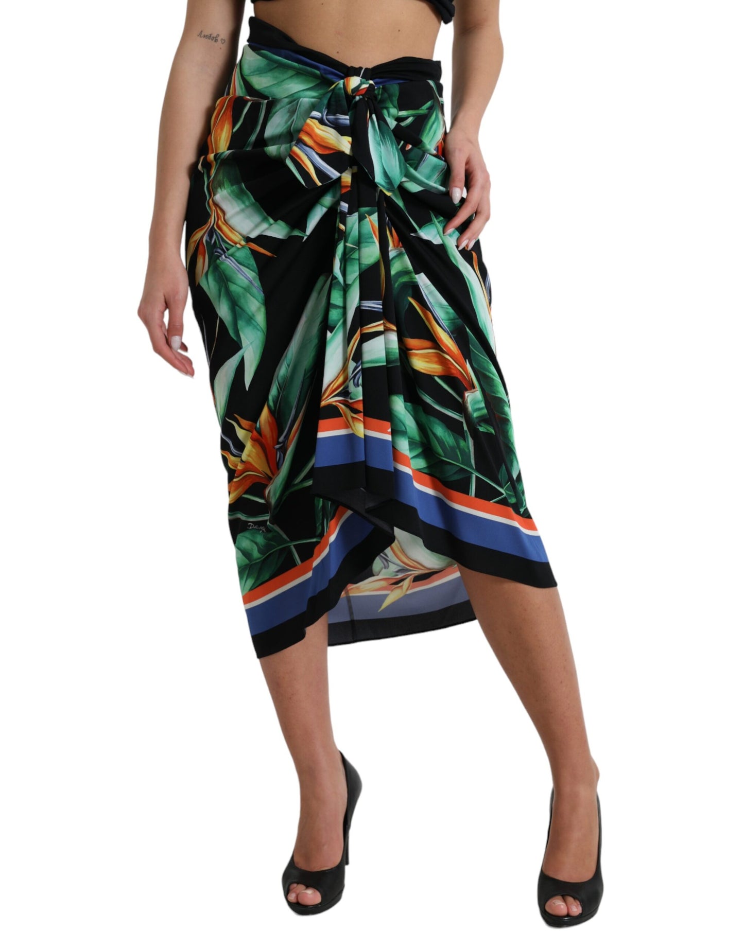 Black Strelitzia High Waist Wrap Midi Skirt