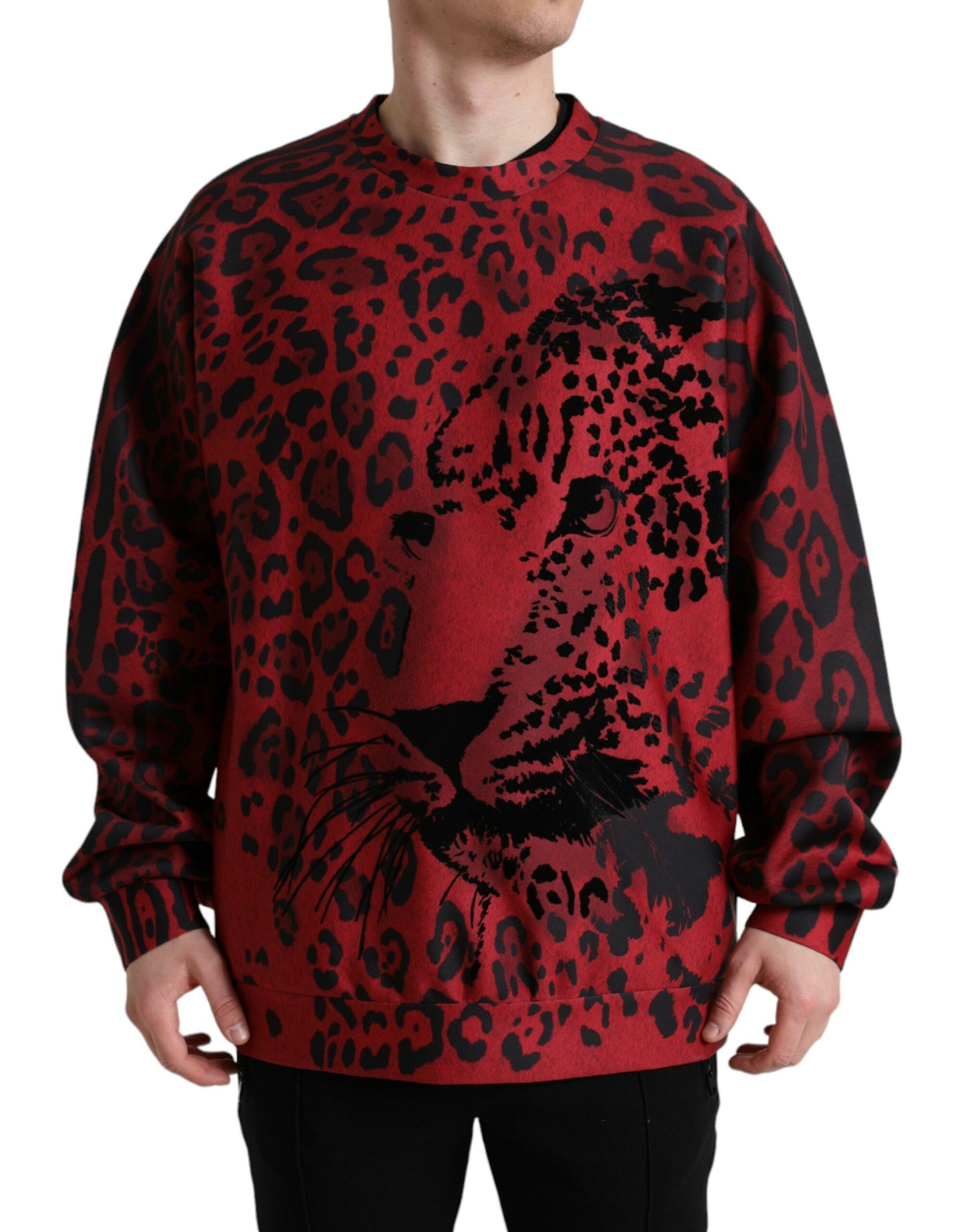 Red Leopard Print Crewneck Pullover Sweater