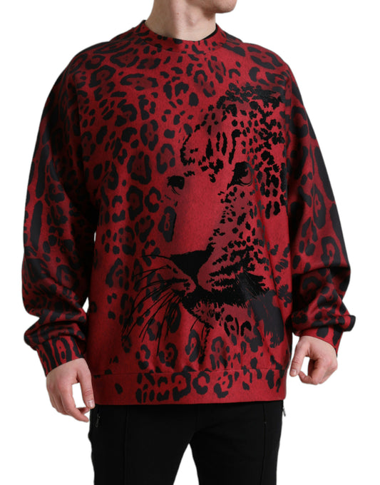 Red Leopard Print Crewneck Pullover Sweater