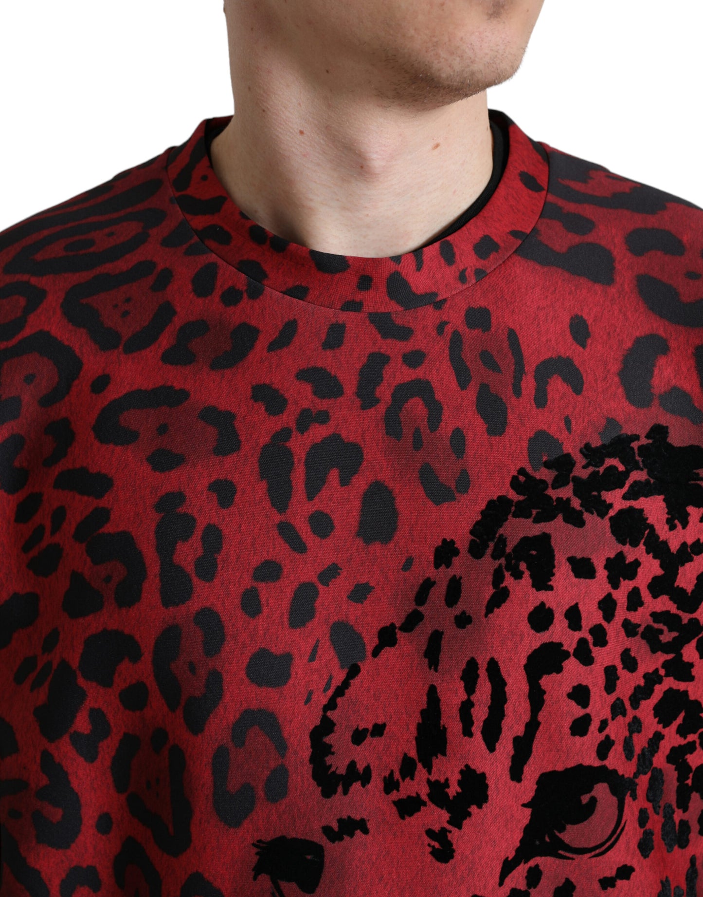 Red Leopard Print Crewneck Pullover Sweater