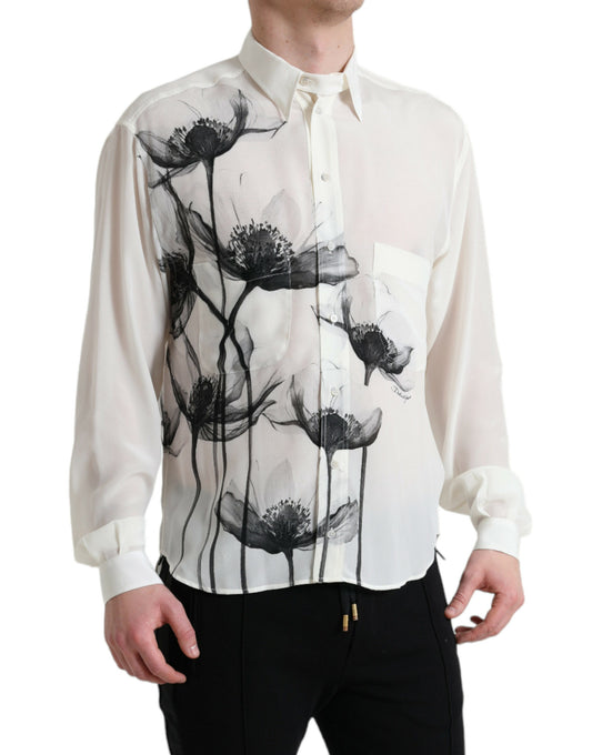 White Floral Collared Dress Silk Shirt