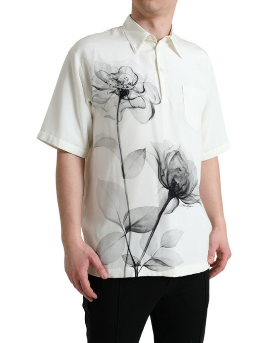 Off White Floral Print Collared Polo T-shirt