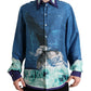 Blue Ocean Print Silk Collared Button Down Shirt