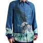 Blue Ocean Print Silk Collared Button Down Shirt