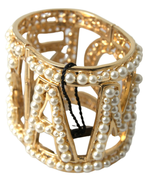 Elegant Gold Cuff with AMORE & Faux Pearls