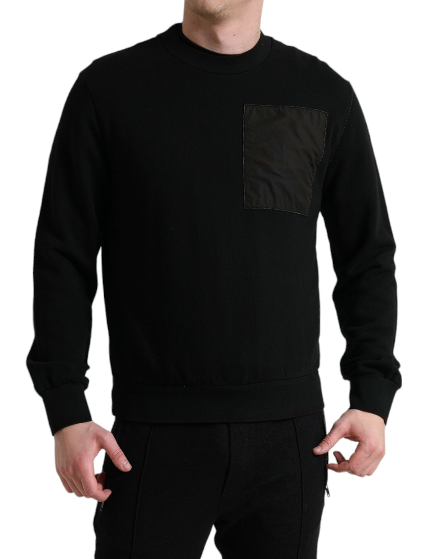 Black Cotton Crew Neck Men Pullover Sweater