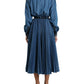 Blue Collared Denim Pleated A-line Midi Dress